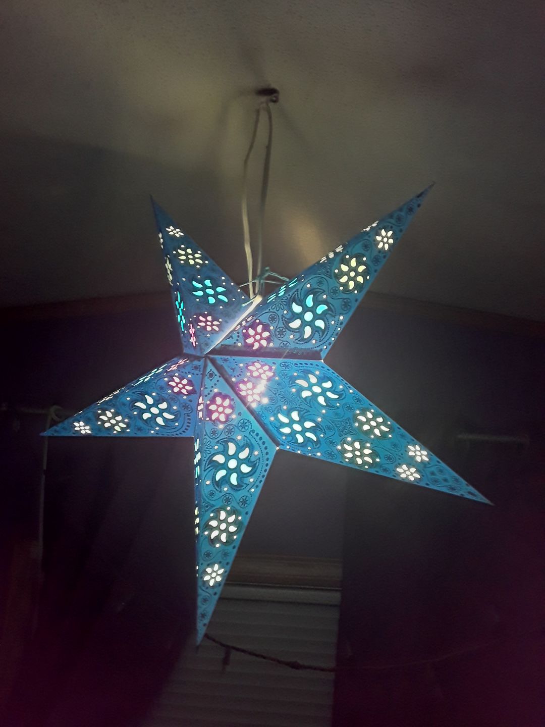 Customer photo review of 24" Dark Blue / Green Winds Glitter Paper Star Lantern, Hanging