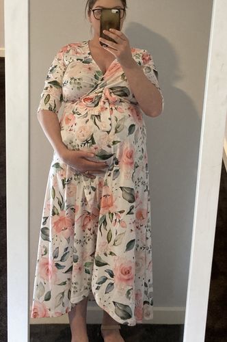 Customer photo review of Harper Stretch Winter Wrap Dress in White Floral