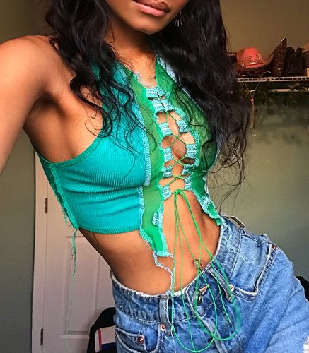 Customer photo review of Sleeveless sheer lace up crop top