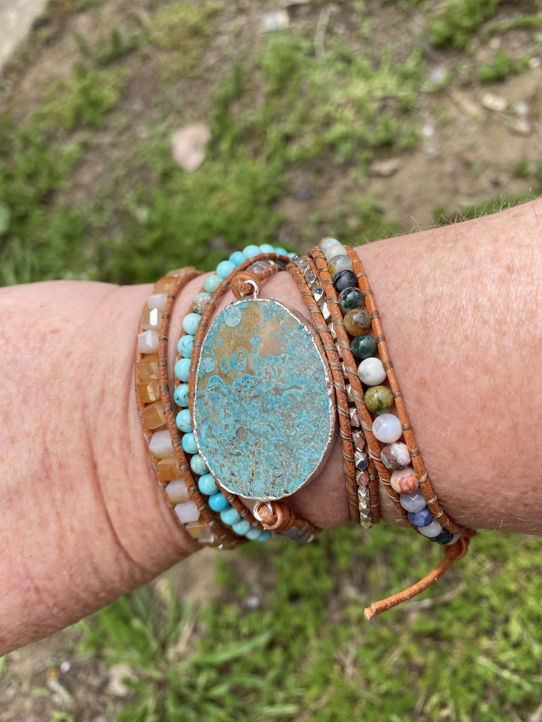 Customer photo review of Handmade Natural Ocean Jasper Leather Wrap Bracelet