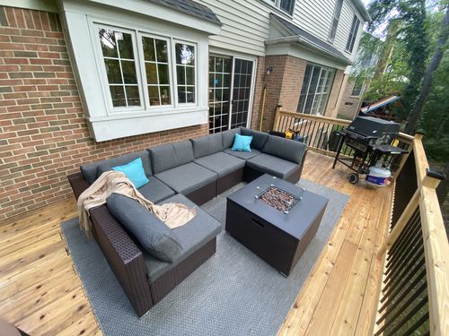 Customer photo review of 7 Piece Square Fire Pit Table Outdoor Blue/Grey Sofa