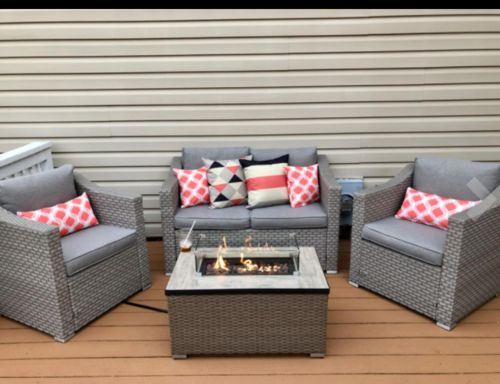 Customer photo review of 4-Piece Fire Pit Outdoor Furniture Warm Gray Wicker Set