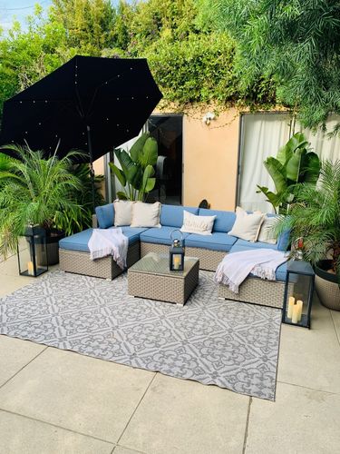 Customer photo review of 7-Piece Outdoor Furniture Warm Gray/Blue Wicker  Sofa