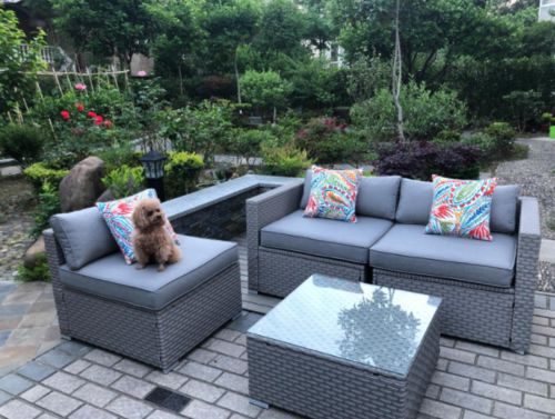 Customer photo review of 5-Piece Outdoor Furniture Warm Gray/Blue Wicker Sofa