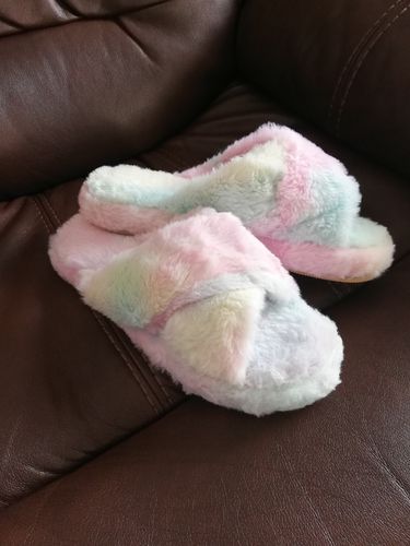 Customer photo review of Monroe Rainbow Colour Fluffy Slippers