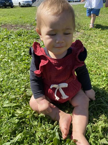 Customer photo review of Bow Ruffle Romper | Burgundy