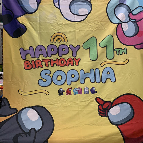 Customer photo review of Among Us Birthday Banner Wall Tapestries