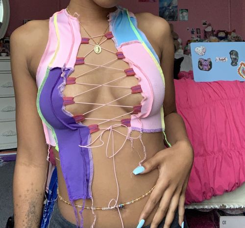 Customer photo review of Asymmetrical patchwork lace up crop top