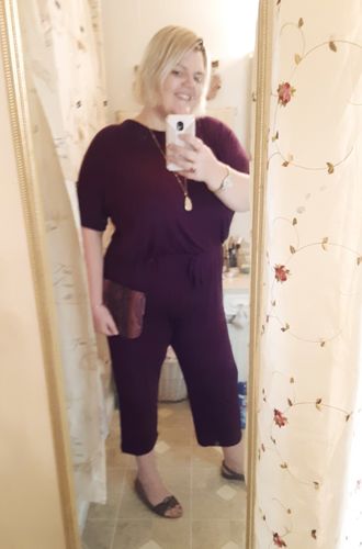 Customer photo review of Girl Next Door Jumpsuit In Plum