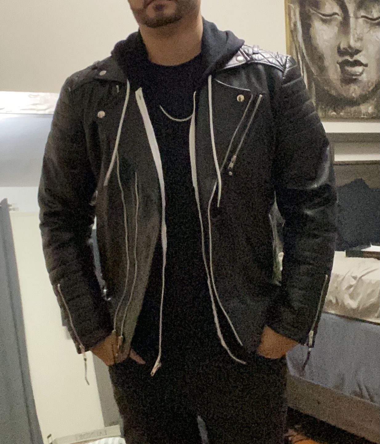 Customer photo review of New Men's Genuine Leather Jacket Black Slim fit Biker Motorcycle jacket