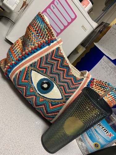 Customer photo review of Evil Eye Good Luck Hand Beaded Orange and Blue Tote Bag