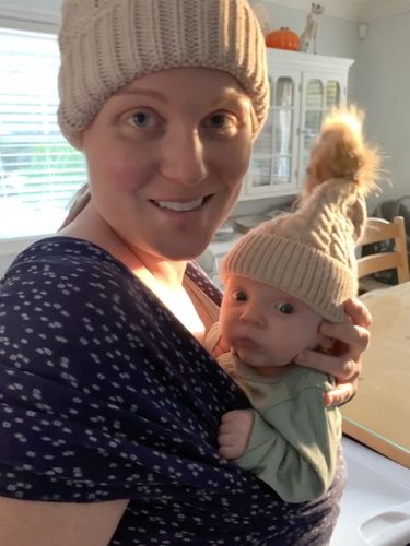 Customer photo review of Mama  + me pompom beanies