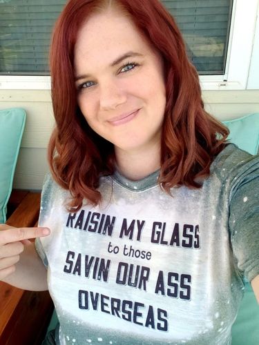 Customer photo review of Raisin My Glass to Those Savin Our A** Oversees Patriotic Bleached T-Shirt