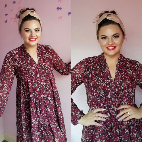 Customer photo review of Aurelia Dark Red Flower Smock Dress
