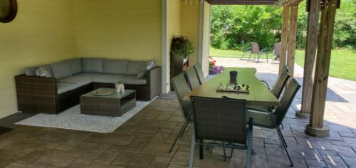 Customer photo review of 4-Piece Outdoor Furniture Warm Gray/Blue Wicker Sofa