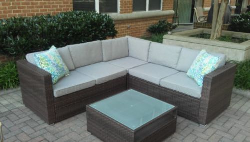 Customer photo review of 4-Piece Outdoor Furniture Warm Gray/Blue Wicker Sofa