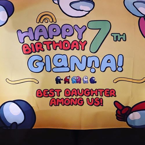 Customer photo review of Among Us Birthday Banner Wall Tapestries