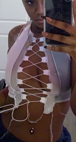 Customer photo review of Sleeveless sheer lace up crop top