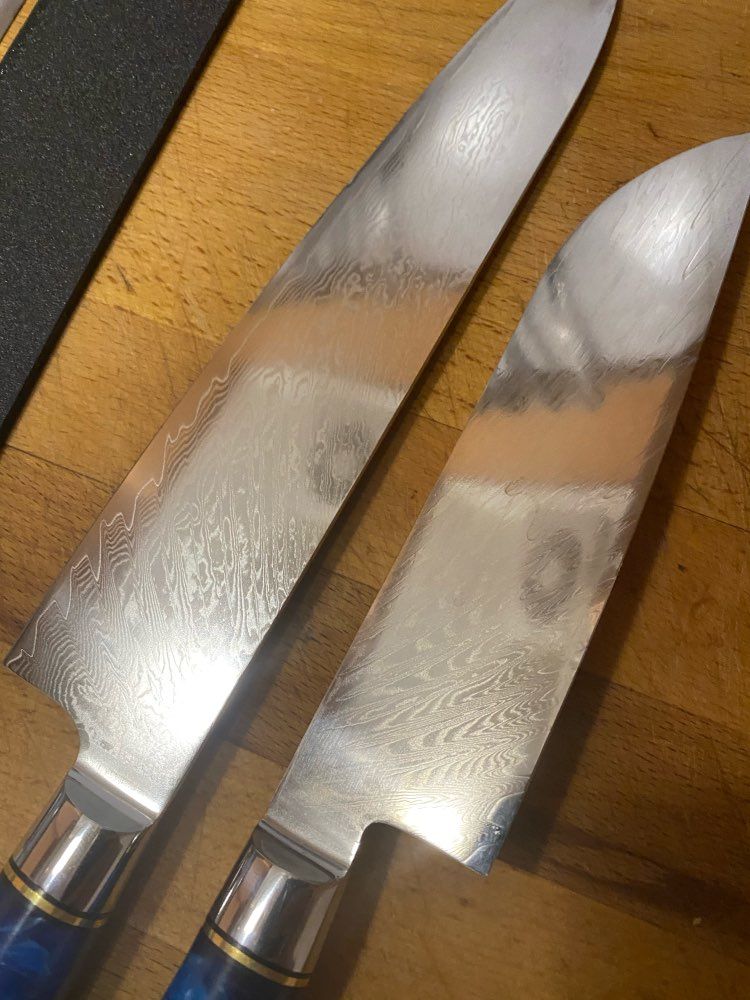Customer photo review of Tsunami Collection — Signature Japanese VG10 Damascus Steel Knife Set with Blue Resin Burl Wood Handles
