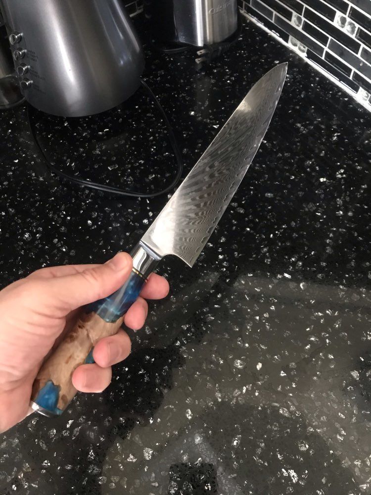 Customer photo review of Tsunami Collection — Signature Japanese VG10 Damascus Steel Knife Set with Blue Resin Burl Wood Handles