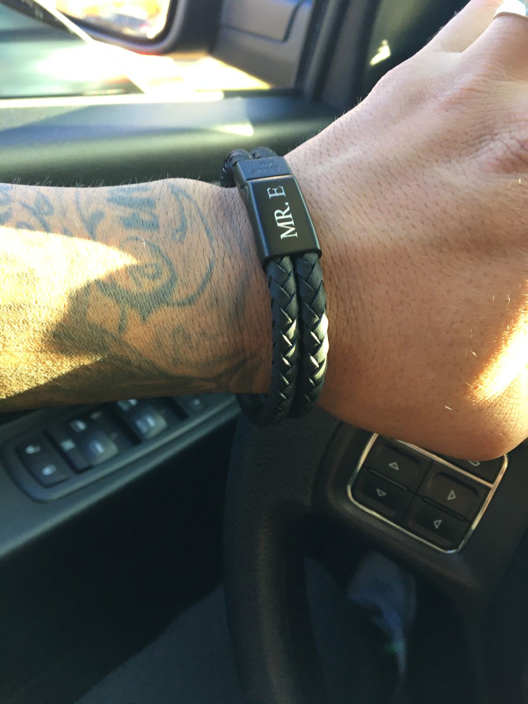 Customer photo review of Double Row Black Leather Black Clasp Engravable Bracelet