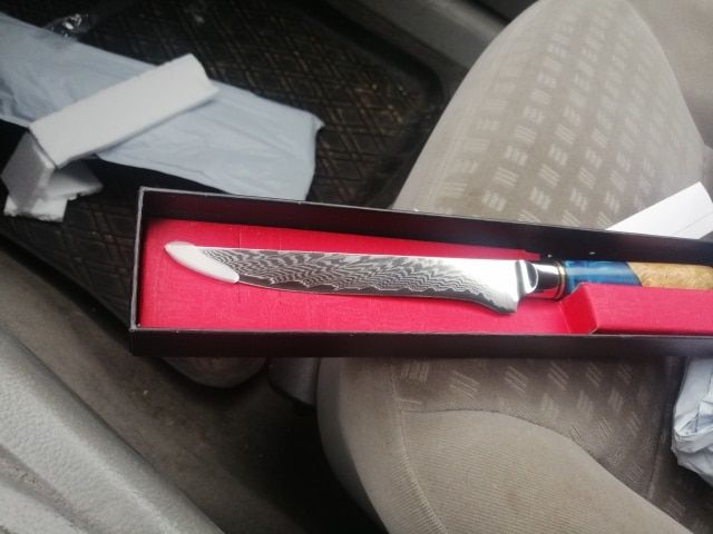 Customer photo review of Tsunami Collection — Signature Japanese VG10 Damascus Steel Knife Set with Blue Resin Burl Wood Handles