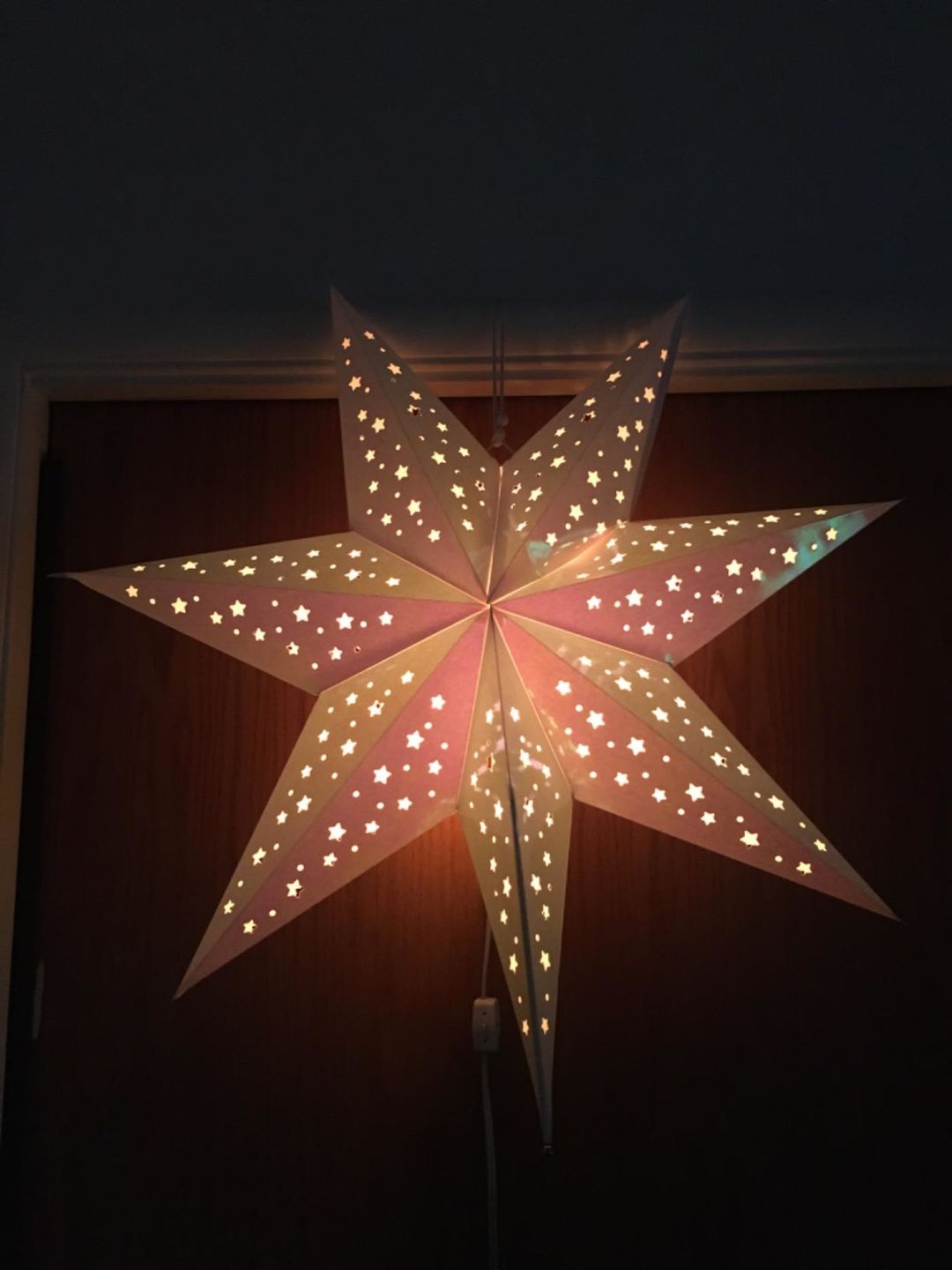 Customer photo review of Prismatic Paper Star Lantern Decoration (22 inch Rainbow Iridescent 7-Point Lighted Star)