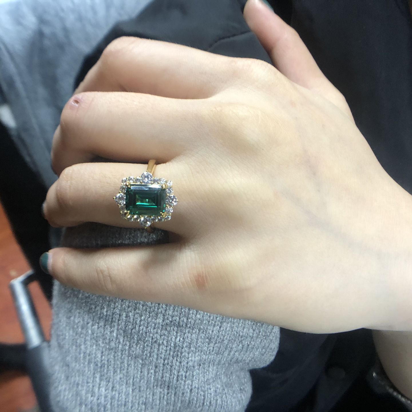 Customer photo review of S925 3.0Ct Emerald Cut Green/Red/Blue Stone Halo Engagement Ring Vintage Ring