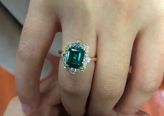 Customer photo review of S925 3.0Ct Emerald Cut Green/Red/Blue Stone Halo Engagement Ring Vintage Ring