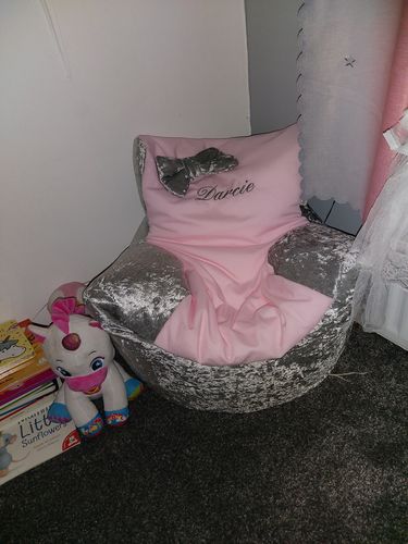 Customer photo review of Personalised Silver Crushed Velvet And Pink Bean Bag Chair