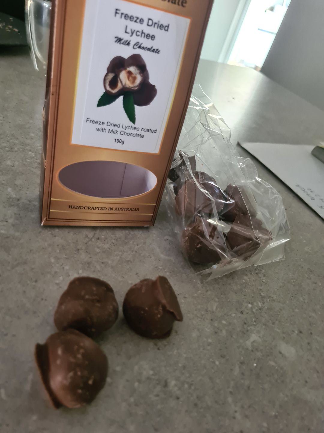 Customer photo review of Milk Chocolate Coated Freeze Dried Lychees 100g