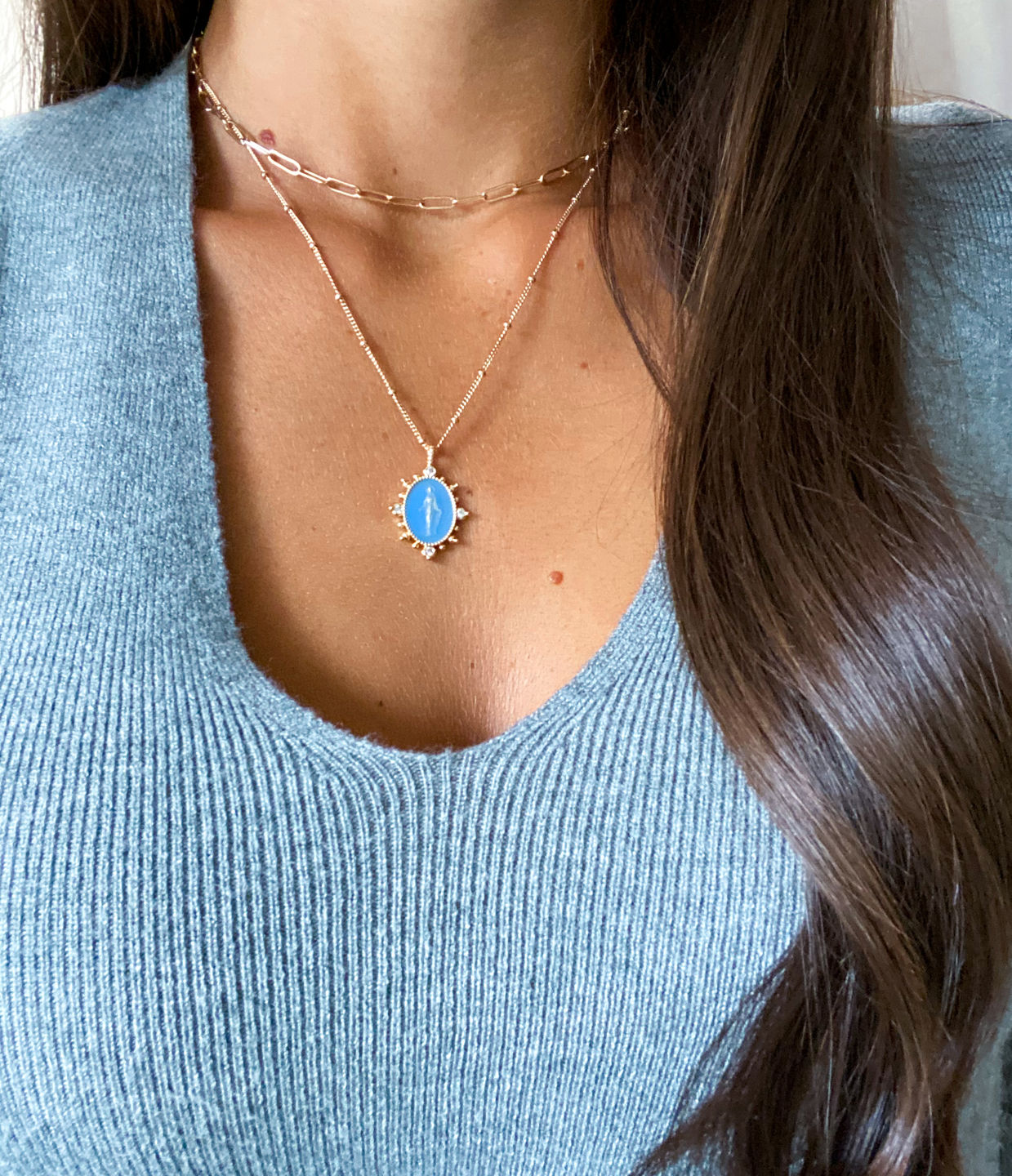 Customer photo review of Lady Lourdes Pendant in French Blue