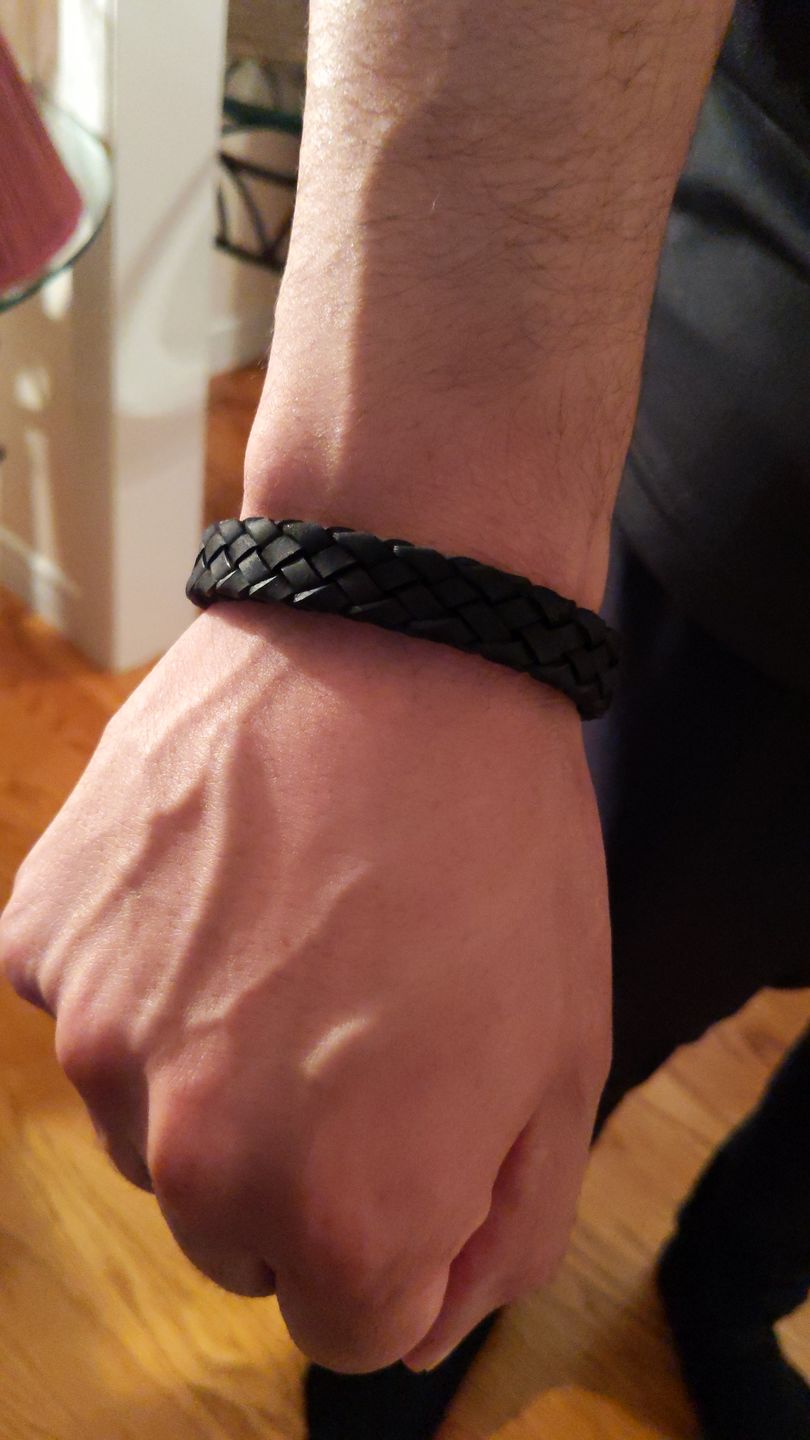 Customer photo review of Black on Black Braided Italian Leather Engravable Bracelet