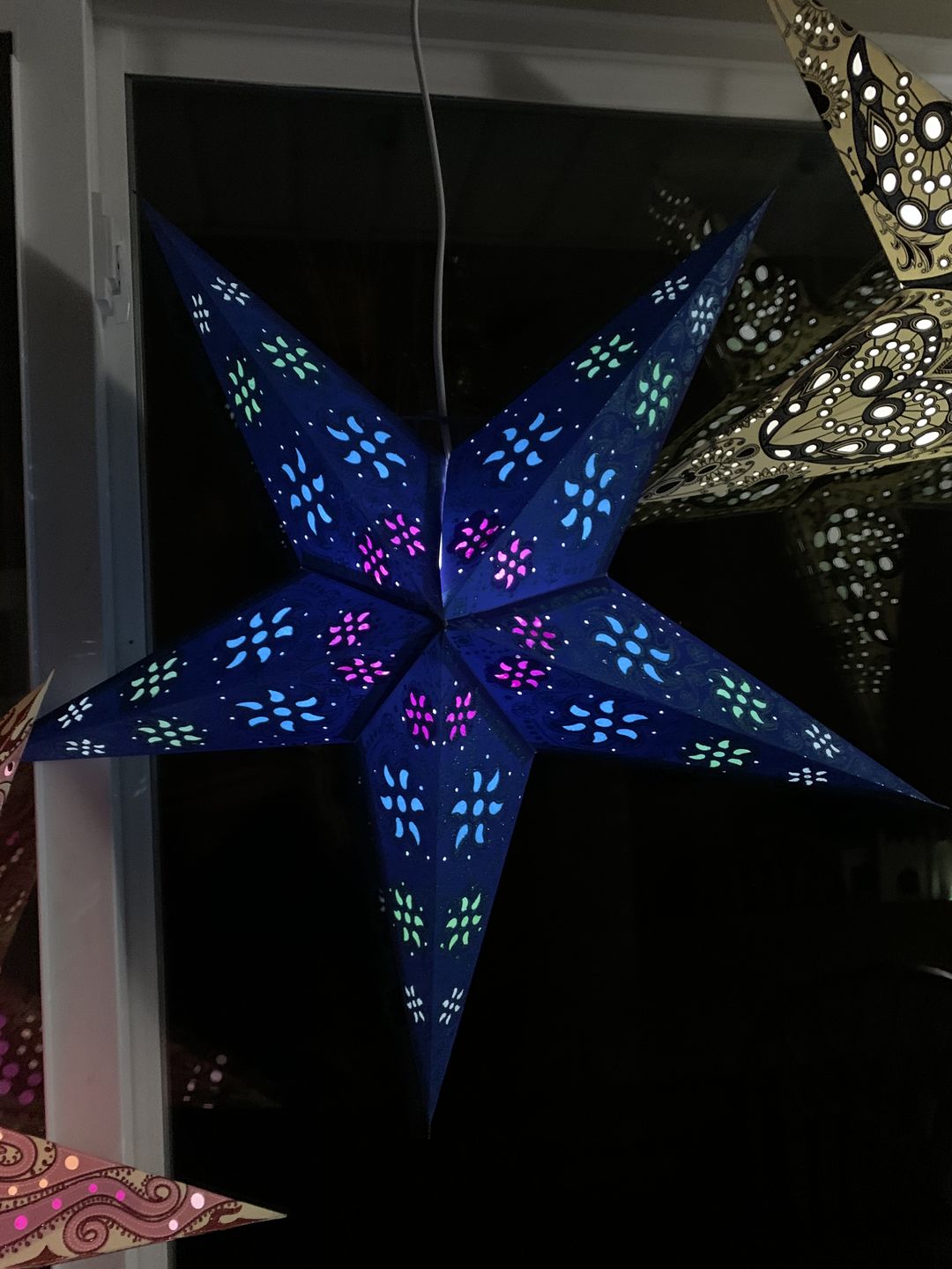 Customer photo review of 24" Dark Blue / Green Winds Glitter Paper Star Lantern, Hanging