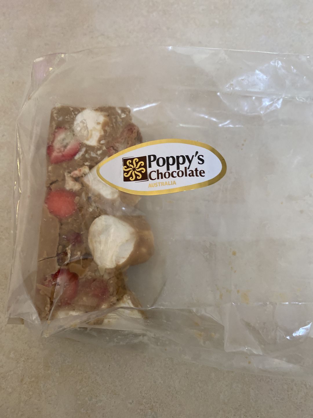 Customer photo review of Rocky Road Strawberry and Almond Caramel Chocolate Block 500g