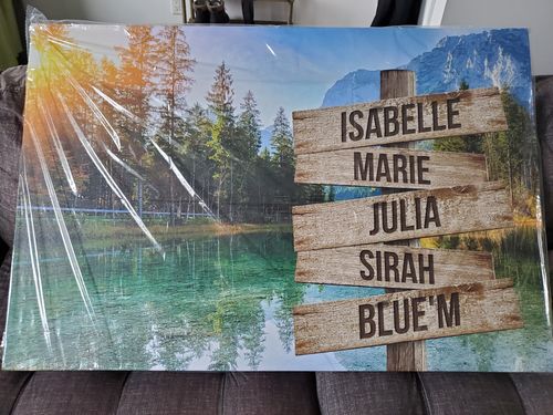 Customer photo review of Mountain, Trees, and Lake V1 Color Personalized Names Premium Canvas