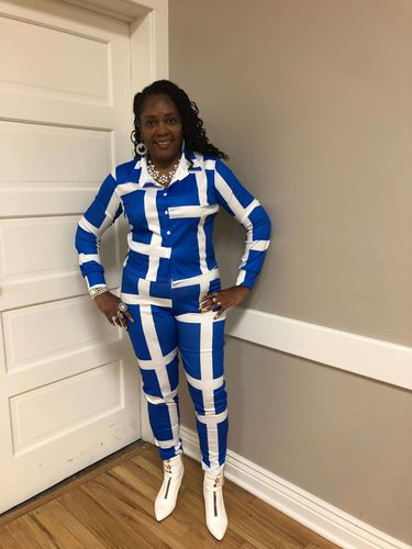 Customer photo review of Fashion Casual Lapel Stripe Two-Pieces Set