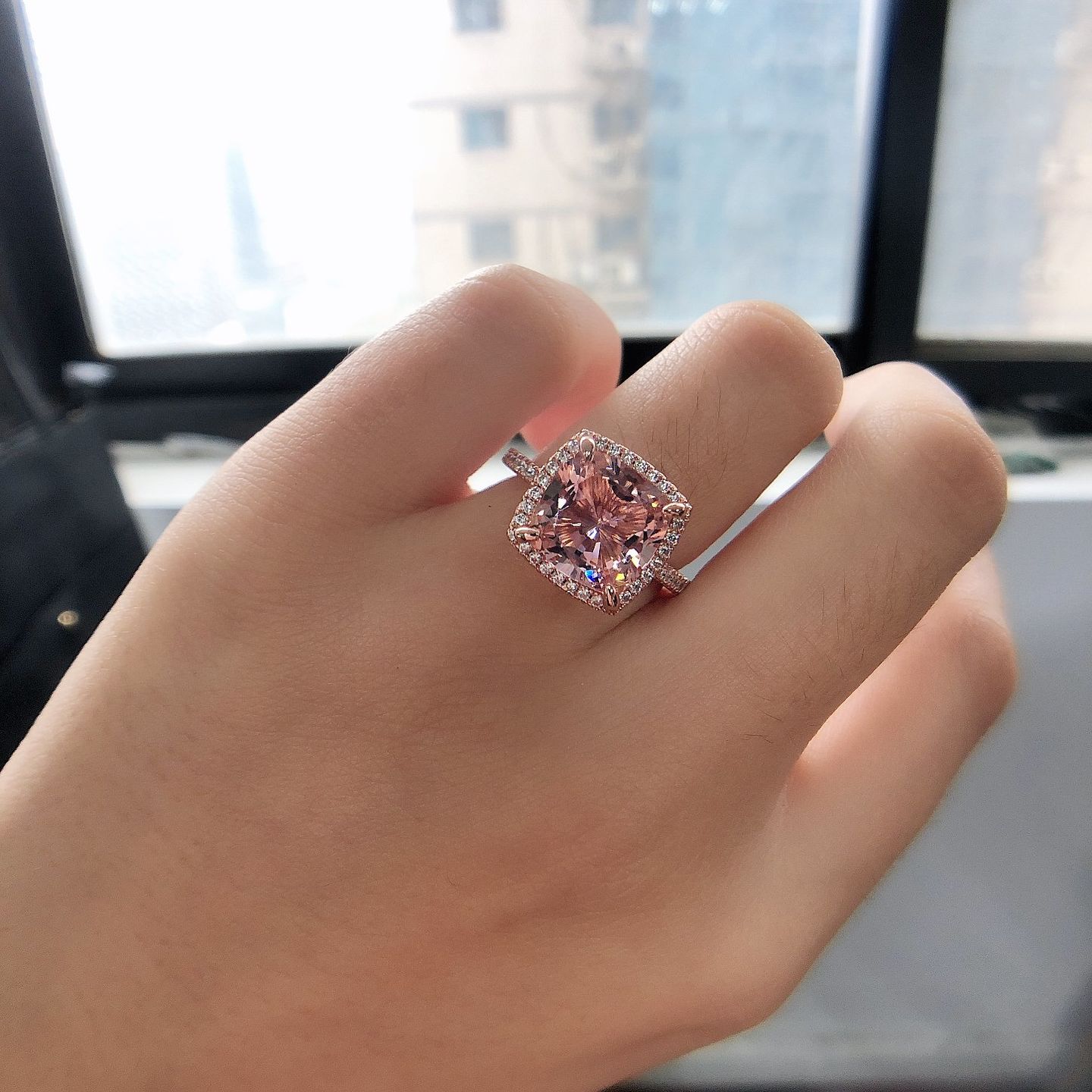 Customer photo review of Louily Rose Gold Cushion Cut Synthetic Morganite Halo Engagement Ring