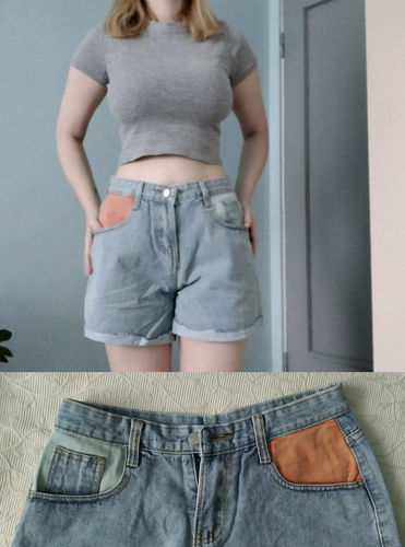 Customer photo review of Casual Pocket Contrast Color Loose Denim Shorts