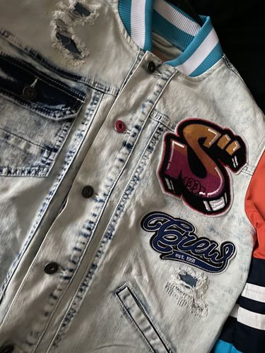 Customer photo review of FASHION DENIM VARSITY JACKET WITH NYLON SLEEVES - ICELAND BLUE