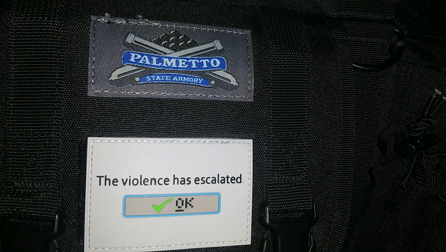 Customer photo review of The Violence Has Escalated Morale Patch