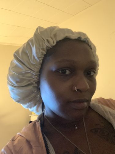 Customer photo review of BACK IN STOCK! NEW COLORS! Luxe adjustable and reversible draw string Satin Pouf Protector. Double Layered. Anti Breakage and Frizz