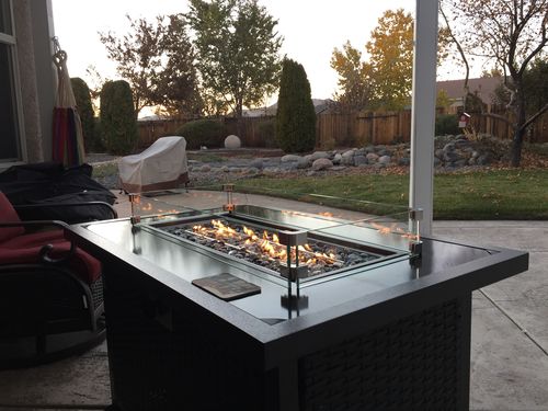 Customer photo review of 44" Propane Gas Fire Pit Table 50000 BTU Auto-Ignition with Windguard, Tempered Glass Tabletop & Glass Stone, Brown