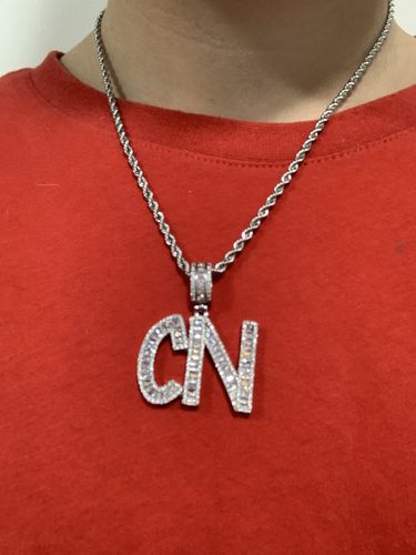 Customer photo review of Custom Baguette Letter Pendants - (1-9 Letter) - Silver or Gold - Matching Rope Chain