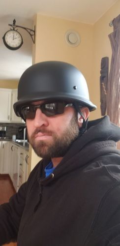Customer photo review of Mayan Style Half Helmet - Gloss Black