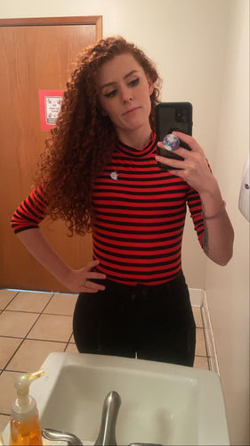 Customer photo review of Bad Girl 3/4 Sleeve Top in Orange and Black Stripes - Vixen by Micheline Pitt