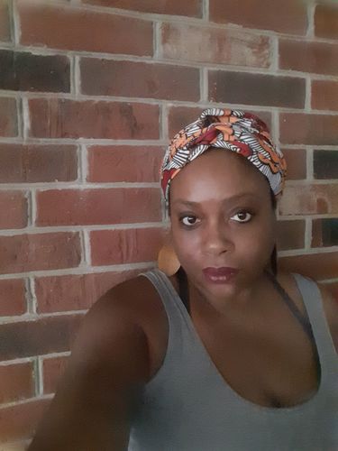 Customer photo review of African Print Head Wrap With Satin-Lined(Red Yellow Flowers) -AW1143
