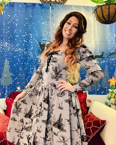 Customer photo review of Sleepy Hollow Gothic Tales Toile Swing Dress in Grey