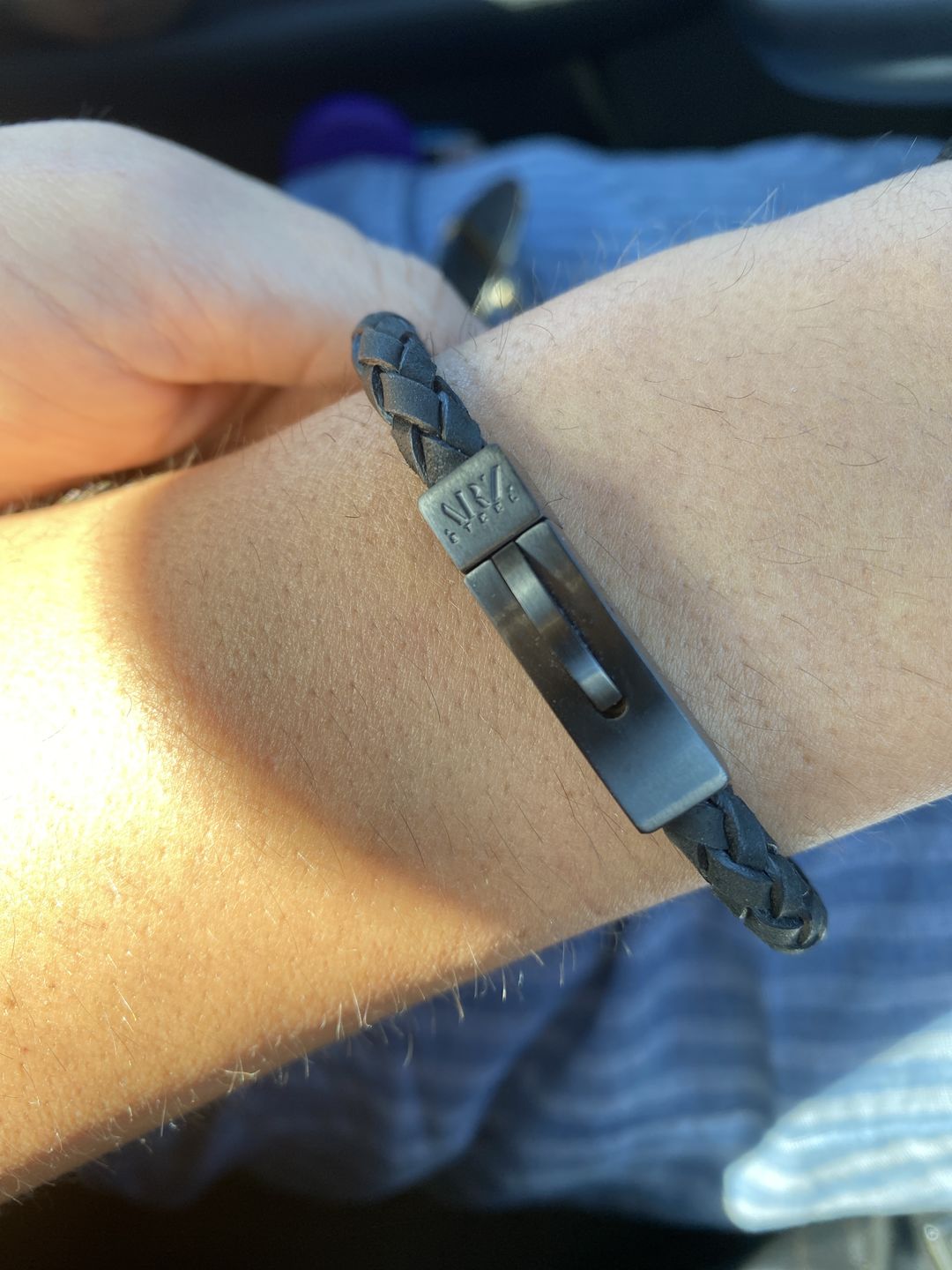 Customer photo review of 6mm Black on Black Steel Italian Leather Engravable Bracelet