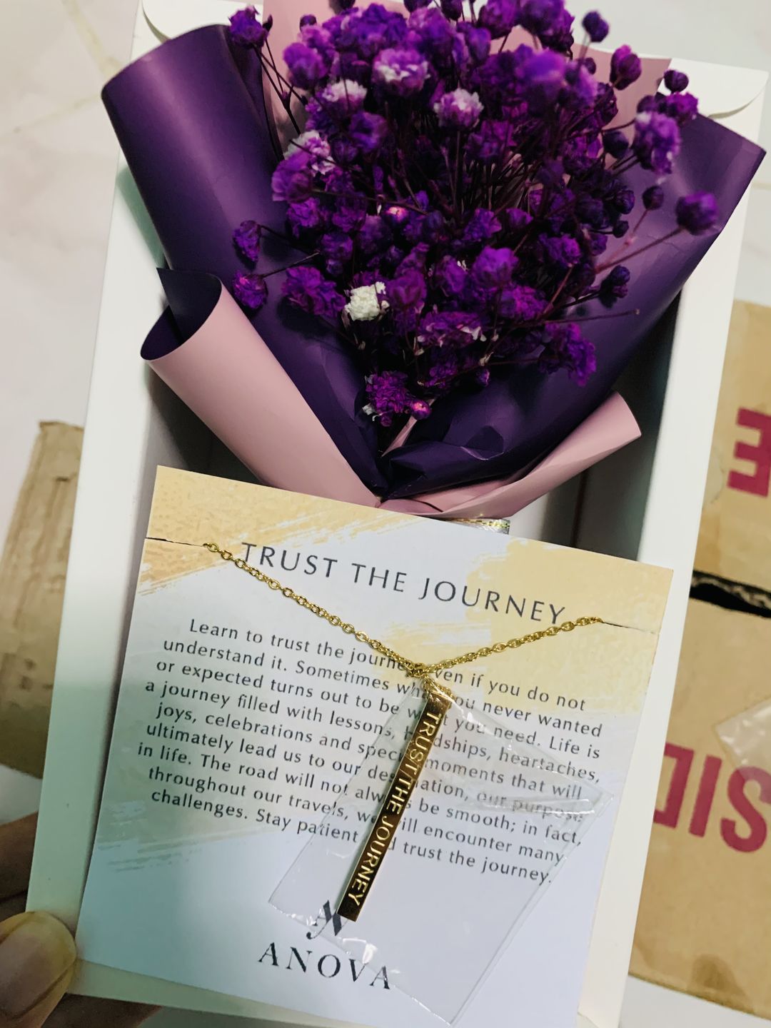 Customer photo review of Violet Bloom Anova Mini Flower Bouquet + Necklace